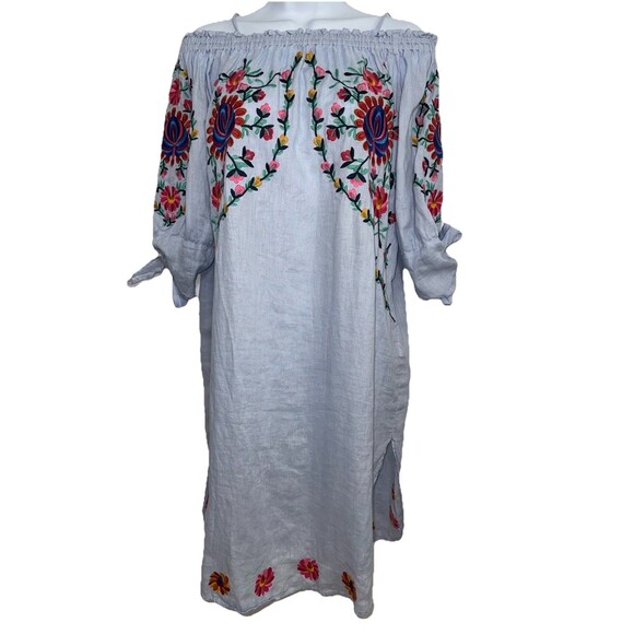 ZARA Light Blue Linen Floral Embroidered Off Shoulder Dress Women Medium - Picture 1 of 10